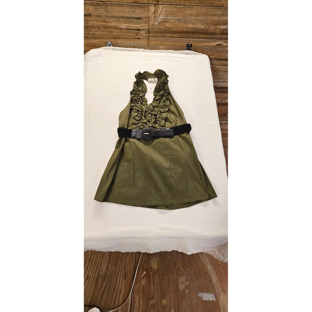 Y2K Cato Womens Olive Green Ruffle Halter Top Empire Waist with Belt Size L NWT